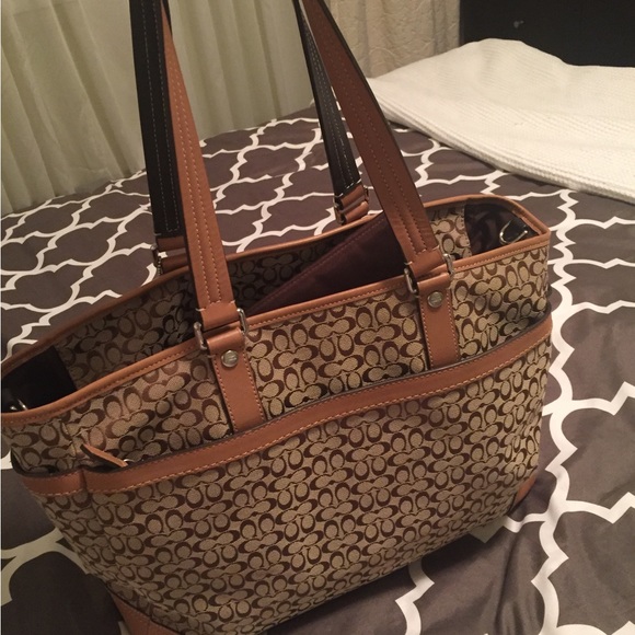 COACH baby bag tote. Signature canvas and leather. 14.5 wide X 12 x 5 in. - Picture 4 of 5